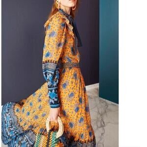 Ulla Johnson Romilly Silk Floral Orange Blue Long Sleeve Midi Dress Size 4